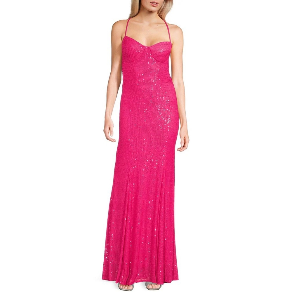Morgan‎ & Co. Pink Sequin Prom Long Dress Size 5 Corset Sweetheart Trumpet Skirt